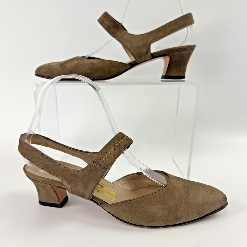 SALVATORE FERRAGAMO Women's Brown Tan Italian Suede Slingback Strap Heels Size 8